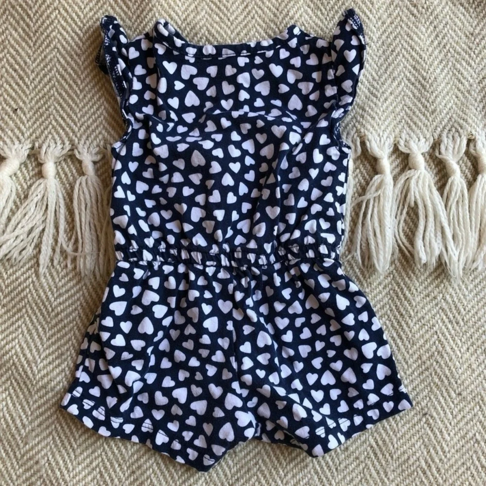 Blue and White Heart Romper with Ruffle Sleeves